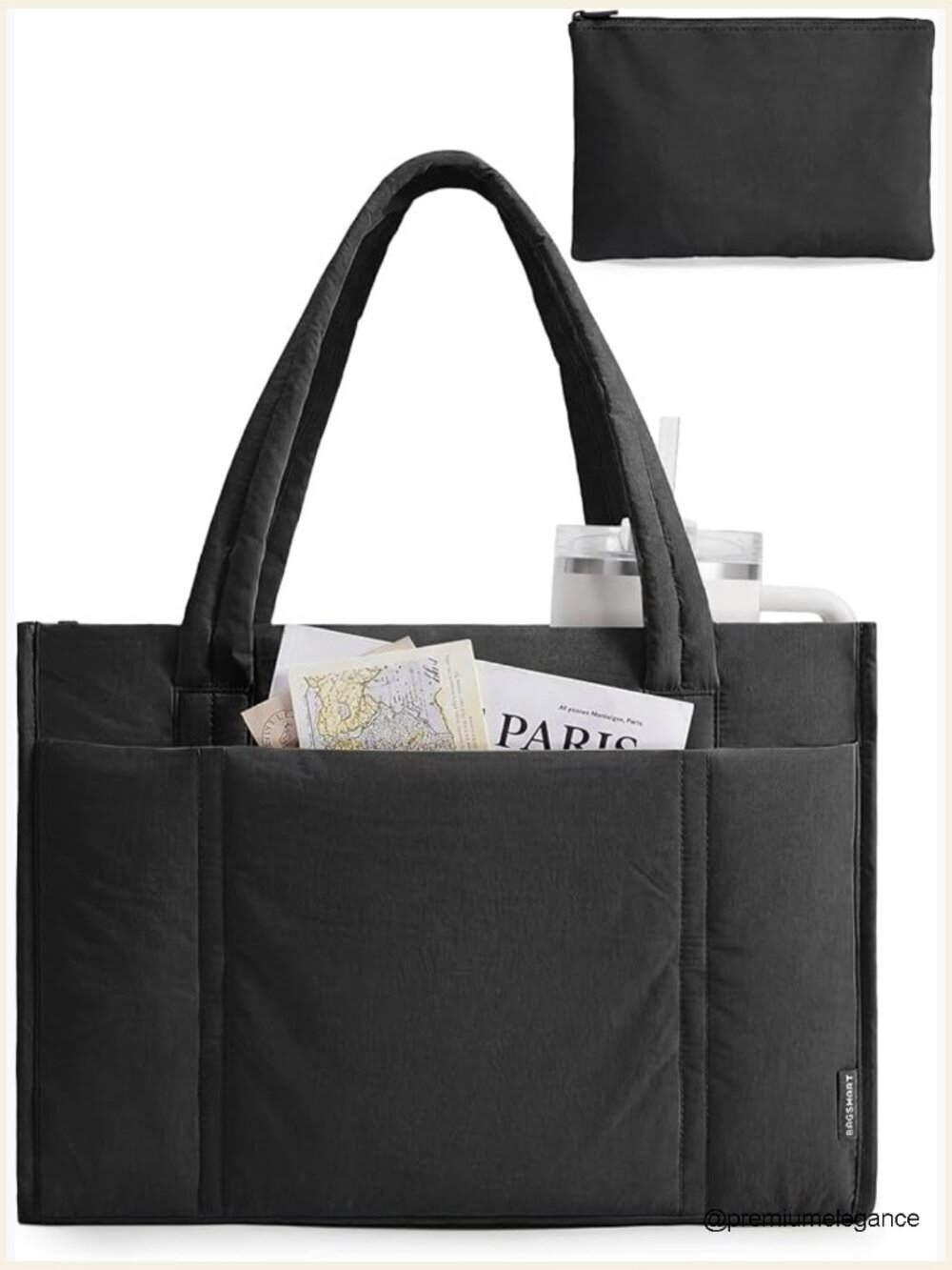Quilted Puffer Tote Bag with Zipper, Fits 15.6" Laptop, 21L Lightweight Travel